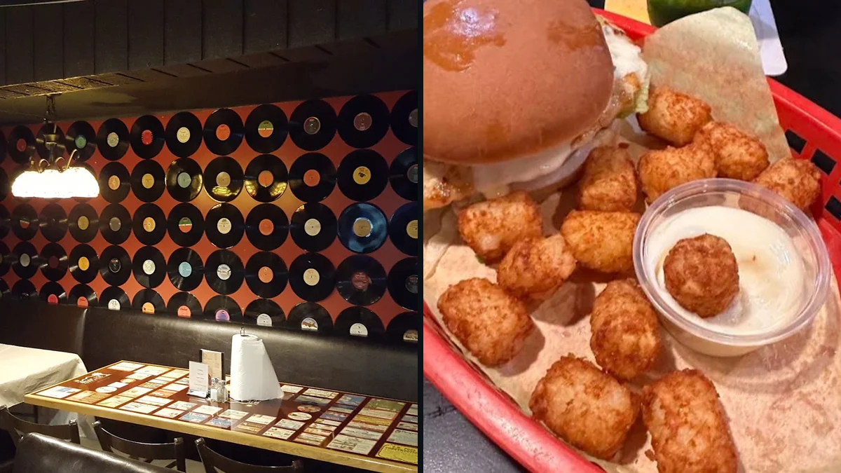 Casual dining room with burger plates and beer glasses.