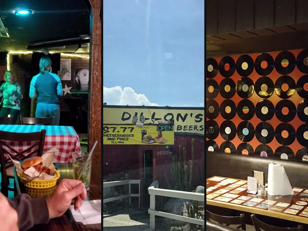 Roadside restaurant interior with booths and simple decor.