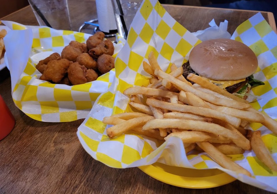 Dillon Burger with Fries and Fried Mushrooms