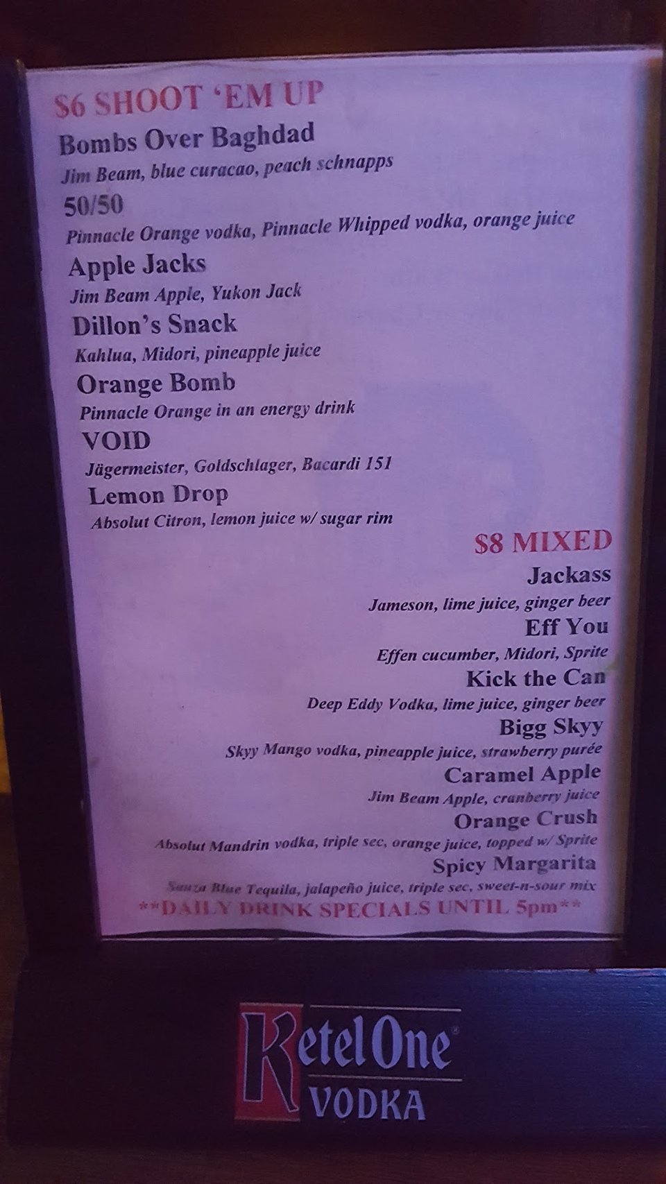 Printed menu for hamburgers and bar drinks.